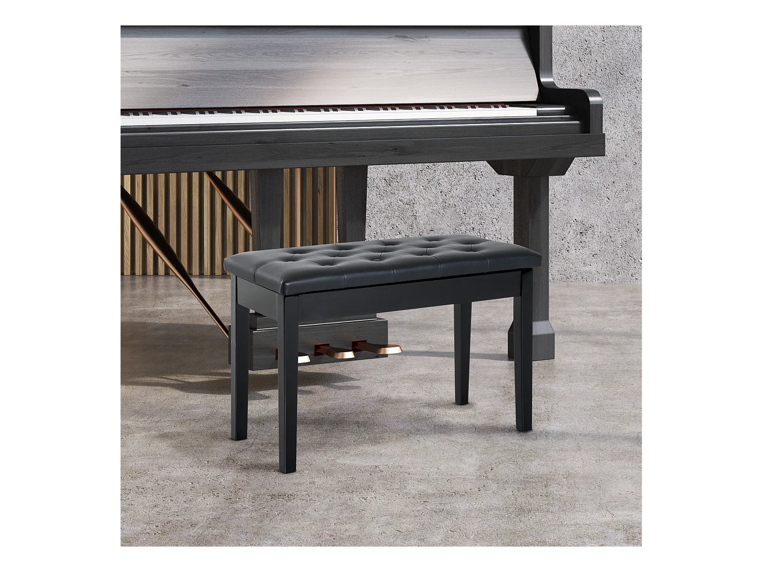 Banc de piano avec rangement, bois de caoutchouc, simili cuir noir (76x36x50 cm)