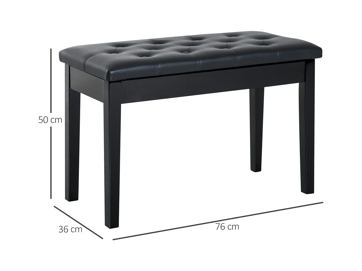Banc de piano avec rangement, bois de caoutchouc, simili cuir noir (76x36x50 cm)