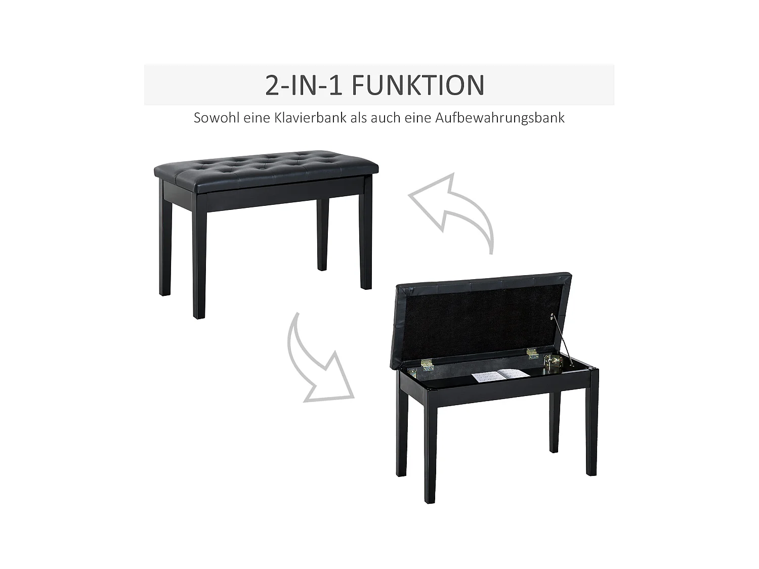 Banc de piano avec rangement, bois de caoutchouc, simili cuir noir (76x36x50 cm)
