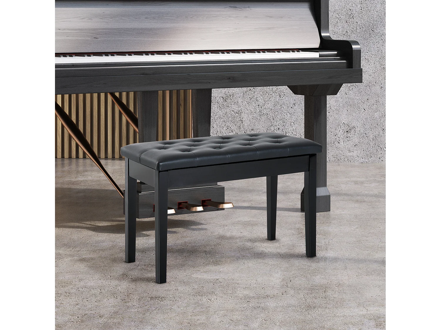 Banc de piano avec rangement, bois de caoutchouc, simili cuir noir (76x36x50 cm)