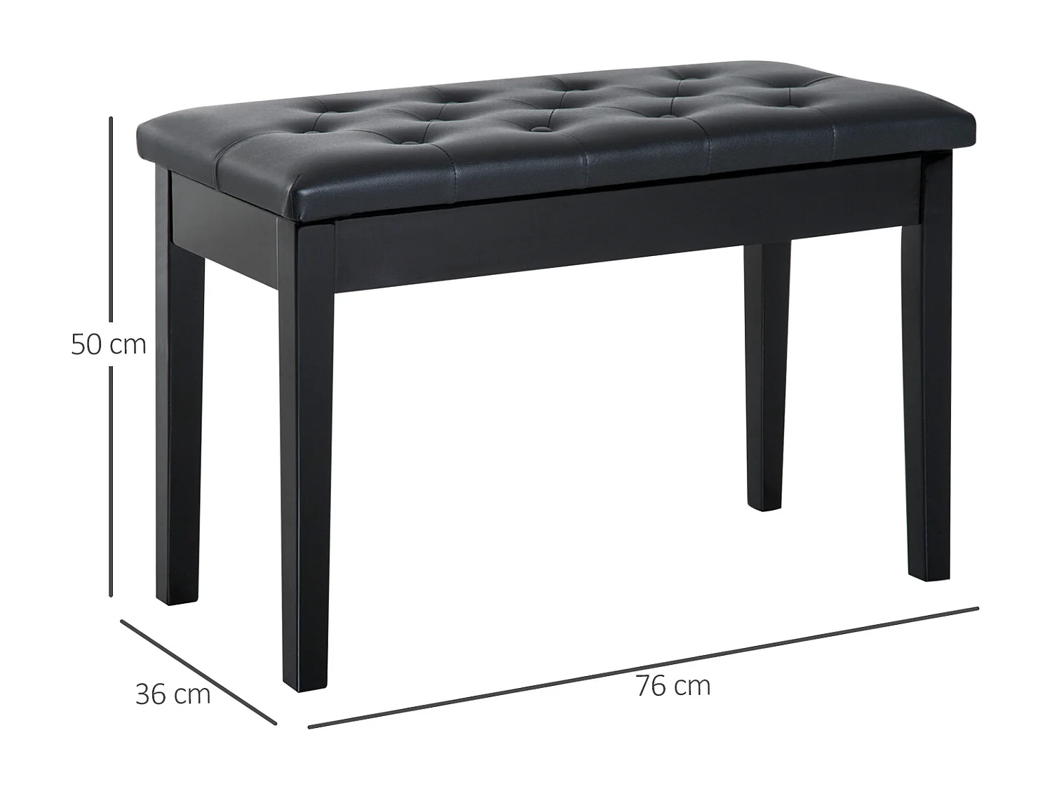 Banc de piano avec rangement, bois de caoutchouc, simili cuir noir (76x36x50 cm)
