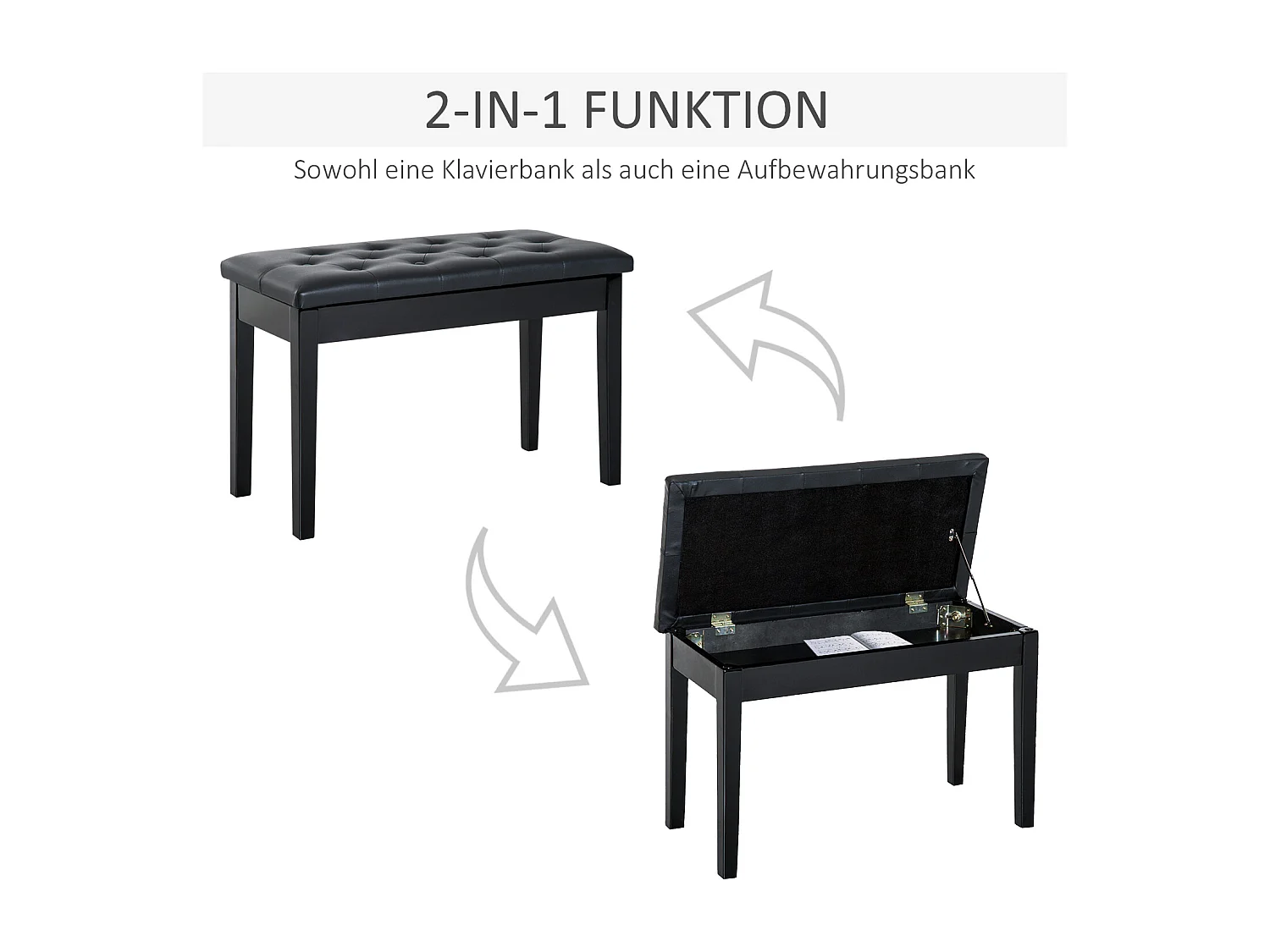Banc de piano avec rangement, bois de caoutchouc, simili cuir noir (76x36x50 cm)