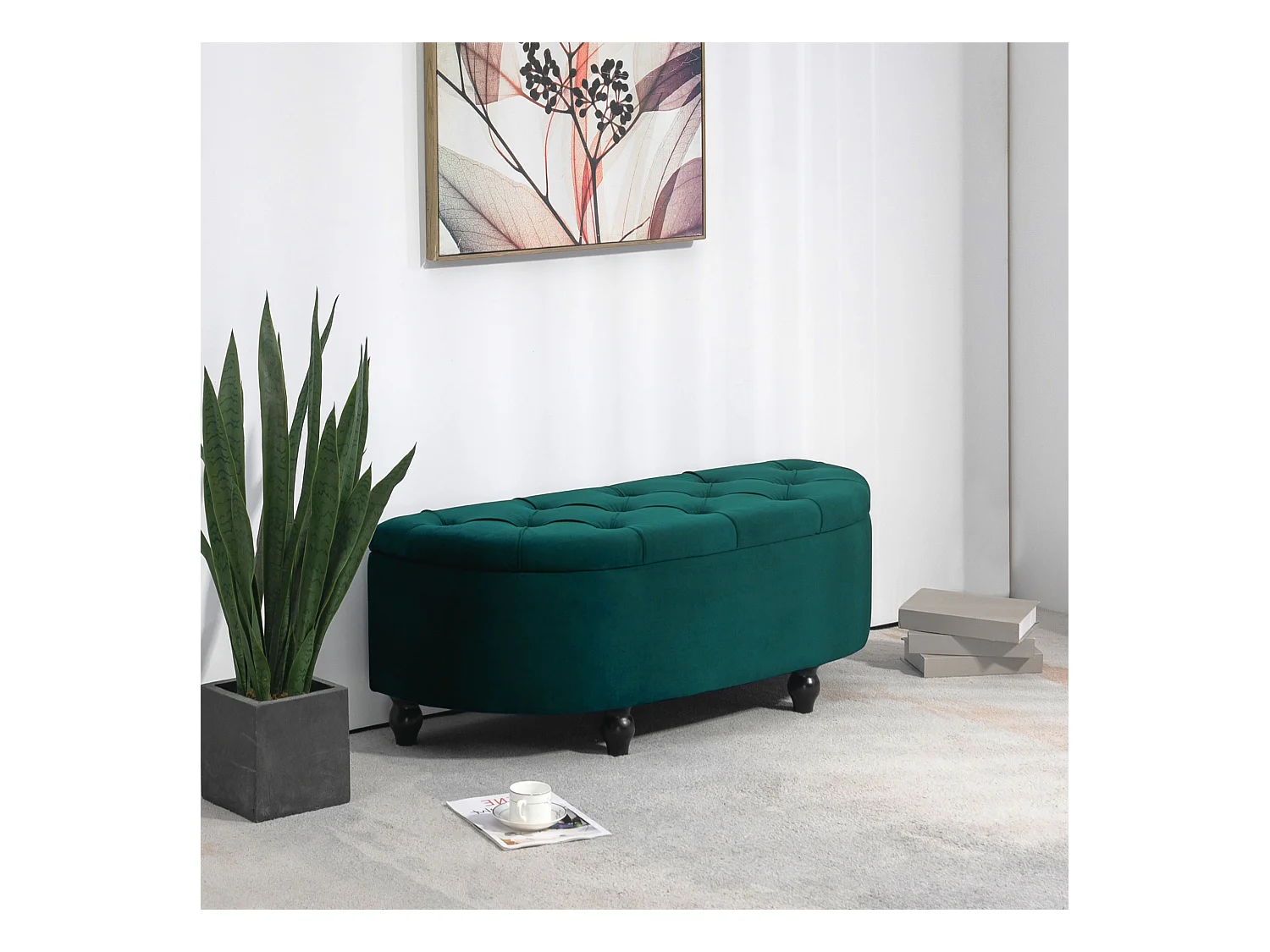 Banc de rangement avec coussin, bois de caoutchouc, tissu Velvet, vert foncé (120x46x42 cm)