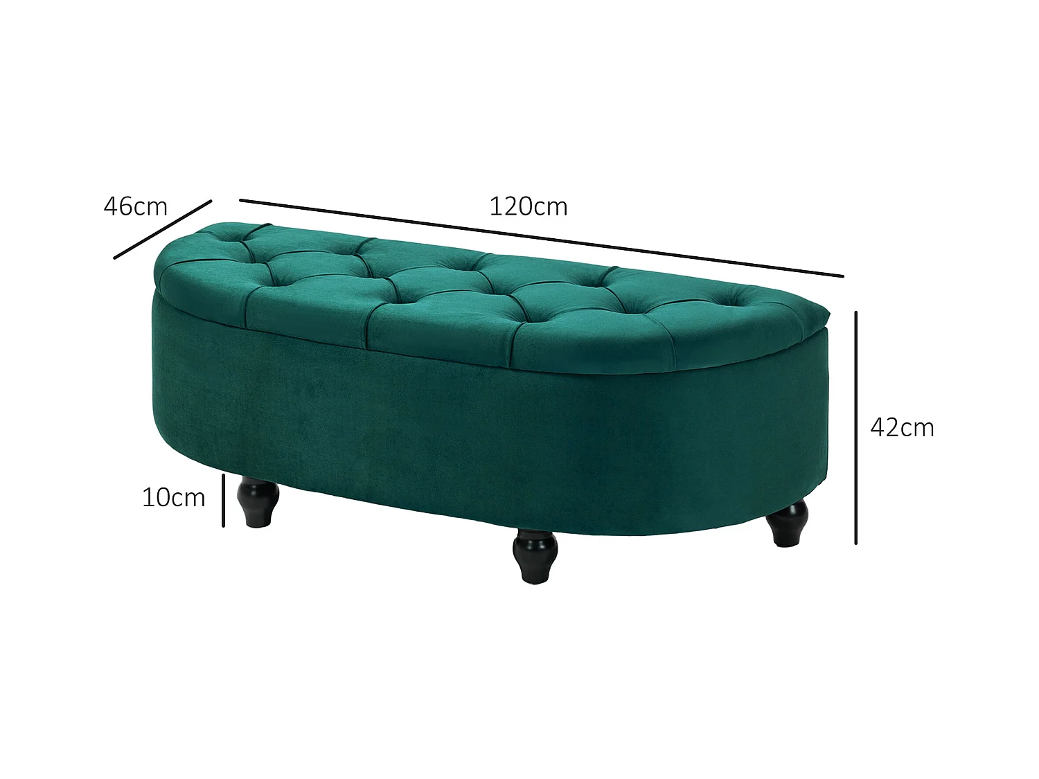 Banc de rangement avec coussin, bois de caoutchouc, tissu Velvet, vert foncé (120x46x42 cm)