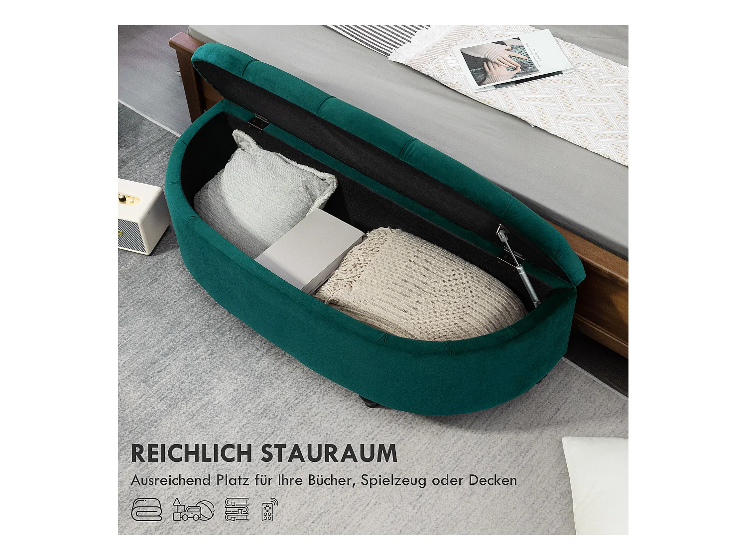 Banc de rangement avec coussin, bois de caoutchouc, tissu Velvet, vert foncé (120x46x42 cm)