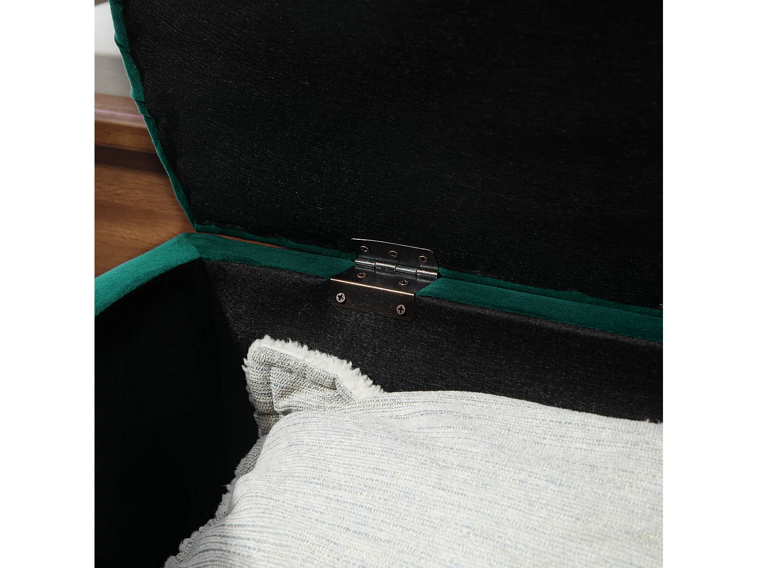 Banc de rangement avec coussin, bois de caoutchouc, tissu Velvet, vert foncé (120x46x42 cm)