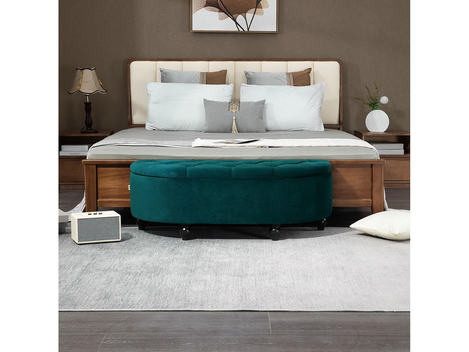 Banc de rangement avec coussin, bois de caoutchouc, tissu Velvet, vert foncé (120x46x42 cm)