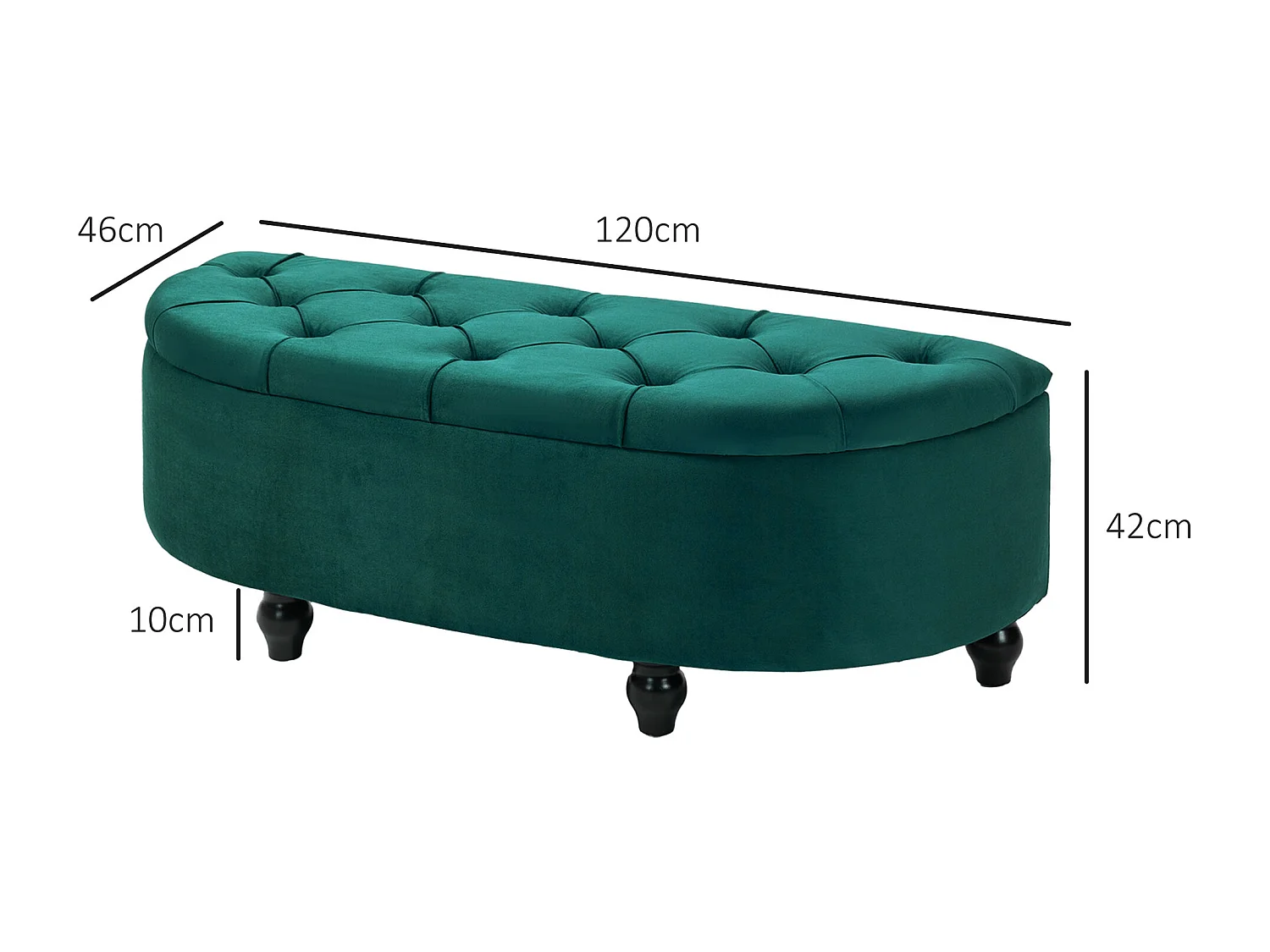 Banc de rangement avec coussin, bois de caoutchouc, tissu Velvet, vert foncé (120x46x42 cm)