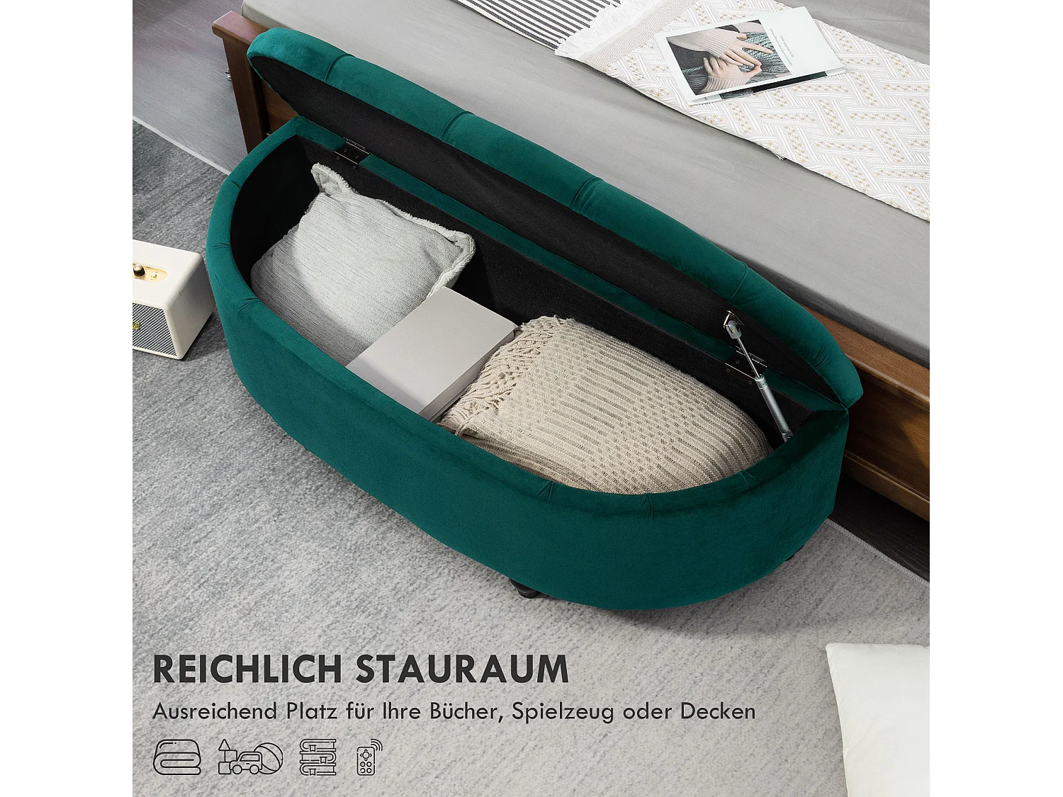 Banc de rangement avec coussin, bois de caoutchouc, tissu Velvet, vert foncé (120x46x42 cm)