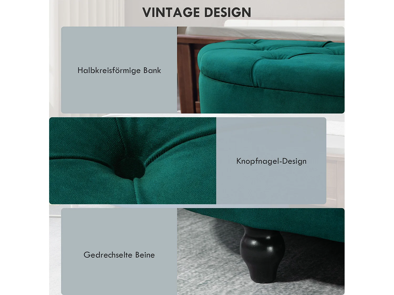 Banc de rangement avec coussin, bois de caoutchouc, tissu Velvet, vert foncé (120x46x42 cm)