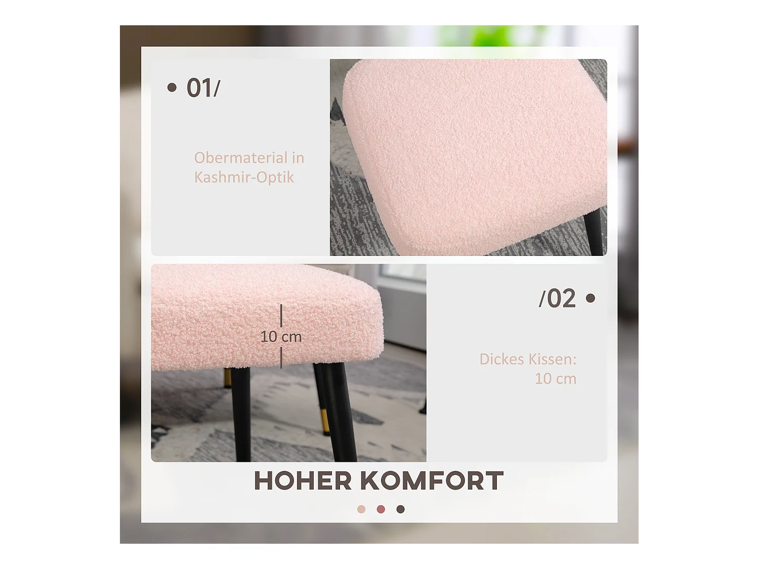 Quadratischer Pouf, Kaschmirstoff, Stahl, rosa (42x42x47 cm)