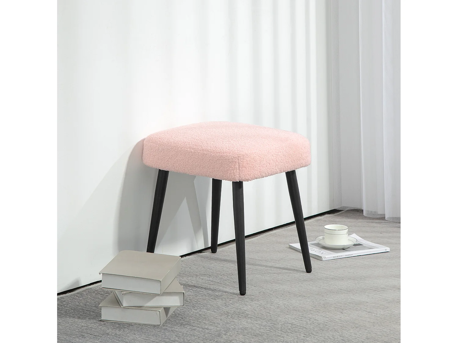 Pouf carré, tissu cachemire, acier, rose (42x42x47 cm)