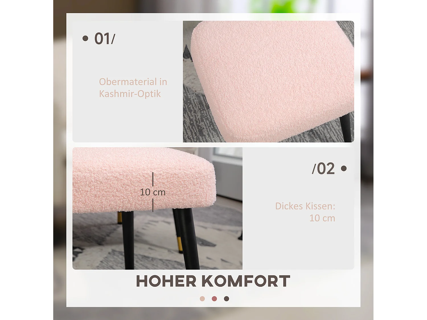 Pouf carré, tissu cachemire, acier, rose (42x42x47 cm)