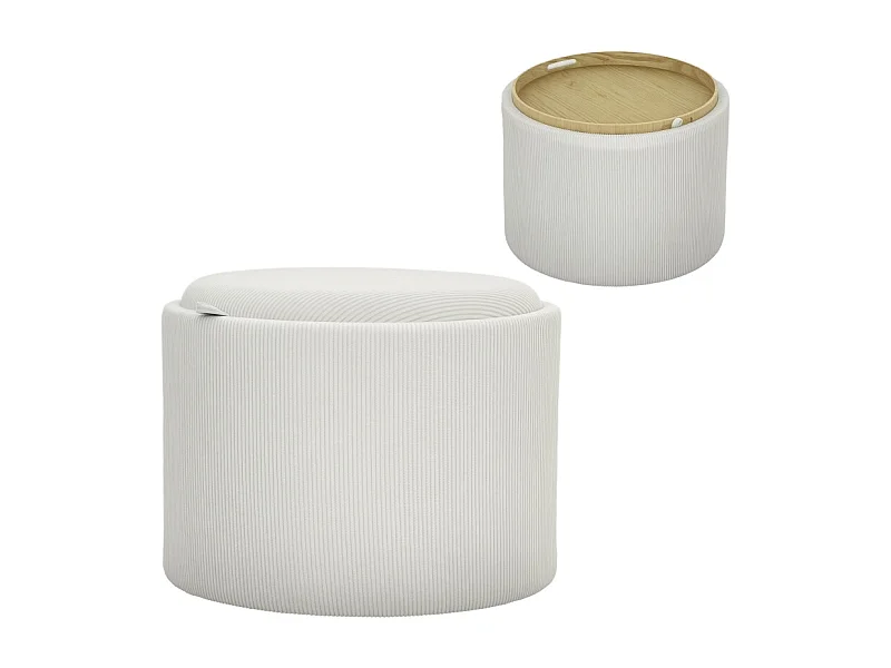 Ronde opbergpoef, 4-in-1 design, crèmekleurig corduroy, met deksel (56x56x42cm)