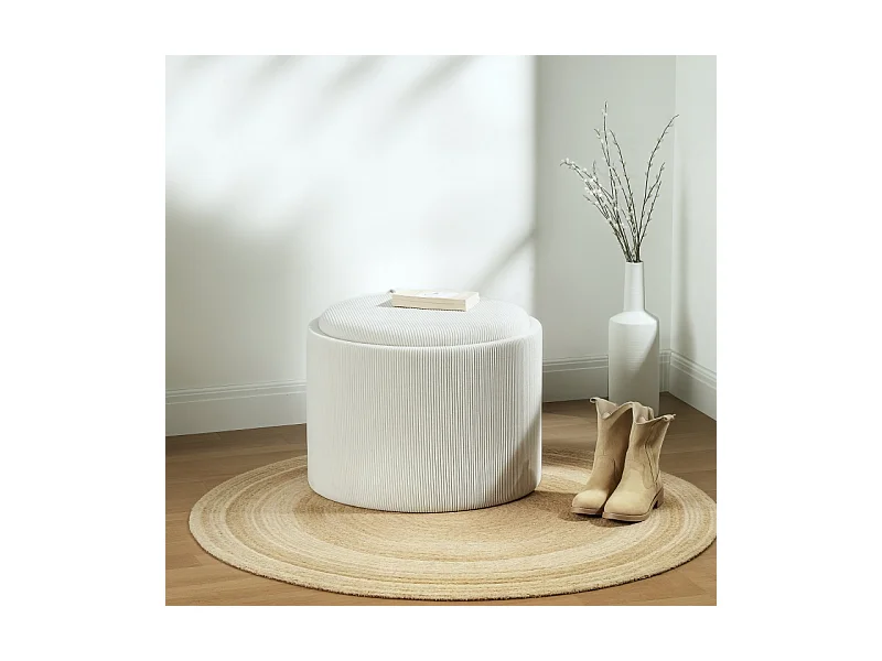 Ronde opbergpoef, 4-in-1 design, crèmekleurig corduroy, met deksel (56x56x42cm)
