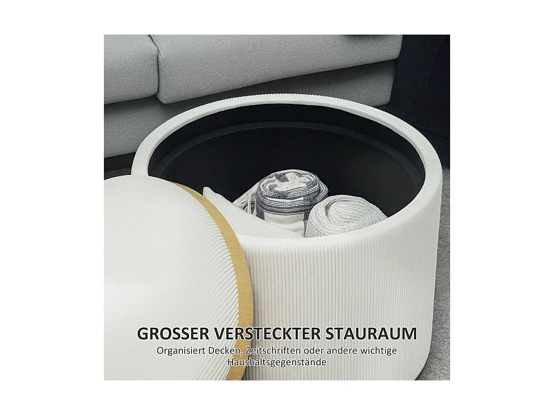 Ronde opbergpoef, 4-in-1 design, crèmekleurig corduroy, met deksel (56x56x42cm)