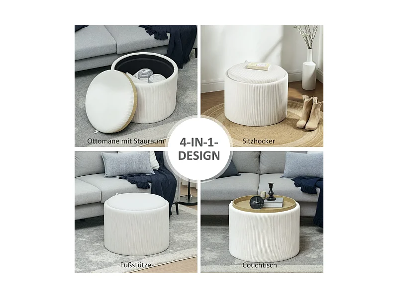 Ronde opbergpoef, 4-in-1 design, crèmekleurig corduroy, met deksel (56x56x42cm)