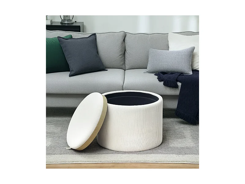Ronde opbergpoef, 4-in-1 design, crèmekleurig corduroy, met deksel (56x56x42cm)