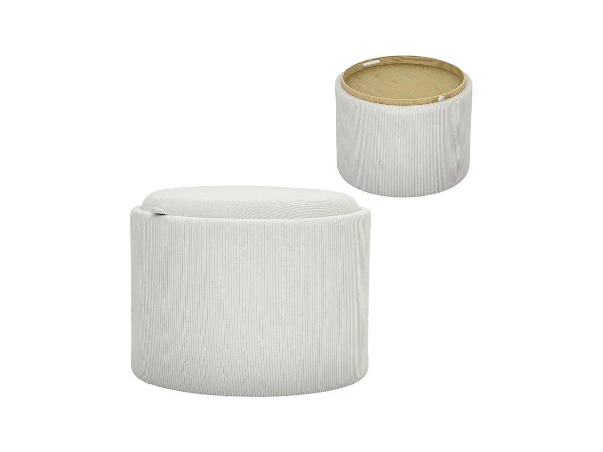 Runder Aufbewahrungspouf, 4-in-1-Design, cremefarbener Cord, mit Deckel (56 x 56 x 42 cm)
