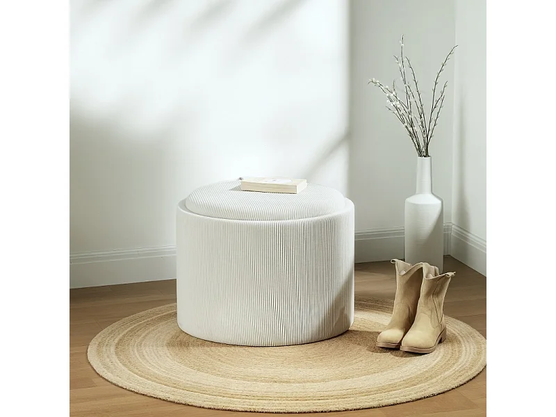 Pouf de rangement rond, design 4-en-1, velours côtelé crème, avec couvercle (56x56x42cm)