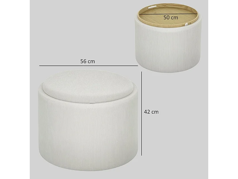 Pouf de rangement rond, design 4-en-1, velours côtelé crème, avec couvercle (56x56x42cm)