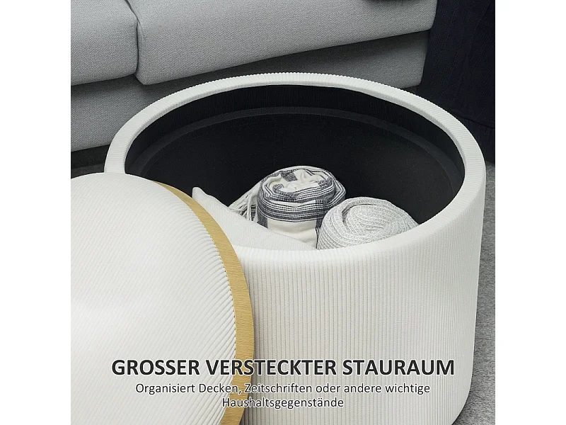 Pouf de rangement rond, design 4-en-1, velours côtelé crème, avec couvercle (56x56x42cm)