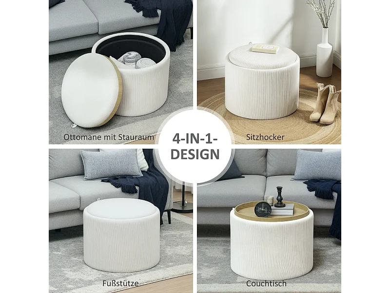 Pouf de rangement rond, design 4-en-1, velours côtelé crème, avec couvercle (56x56x42cm)