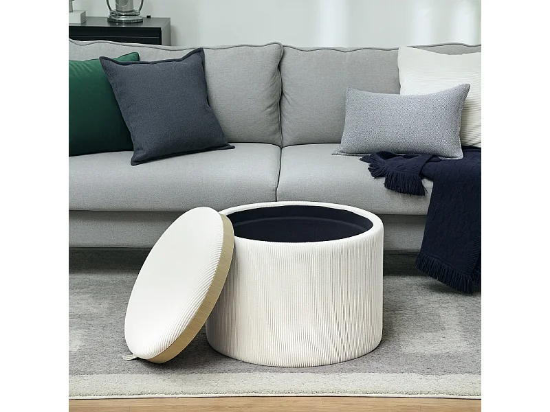 Pouf de rangement rond, design 4-en-1, velours côtelé crème, avec couvercle (56x56x42cm)