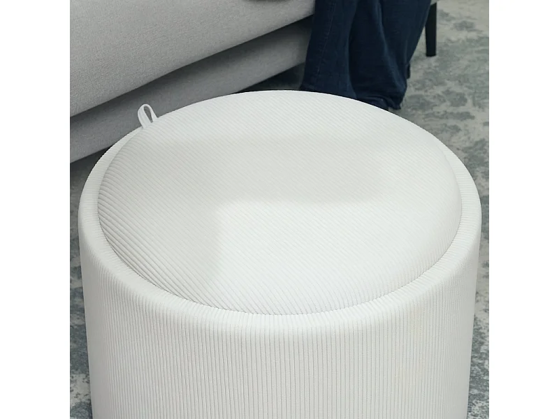 Pouf de rangement rond, design 4-en-1, velours côtelé crème, avec couvercle (56x56x42cm)