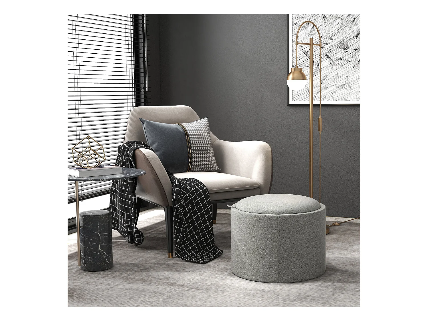 Ottomane ronde avec rangement et couvercle rabattable, tissu lin, gris (56x56x42 cm)