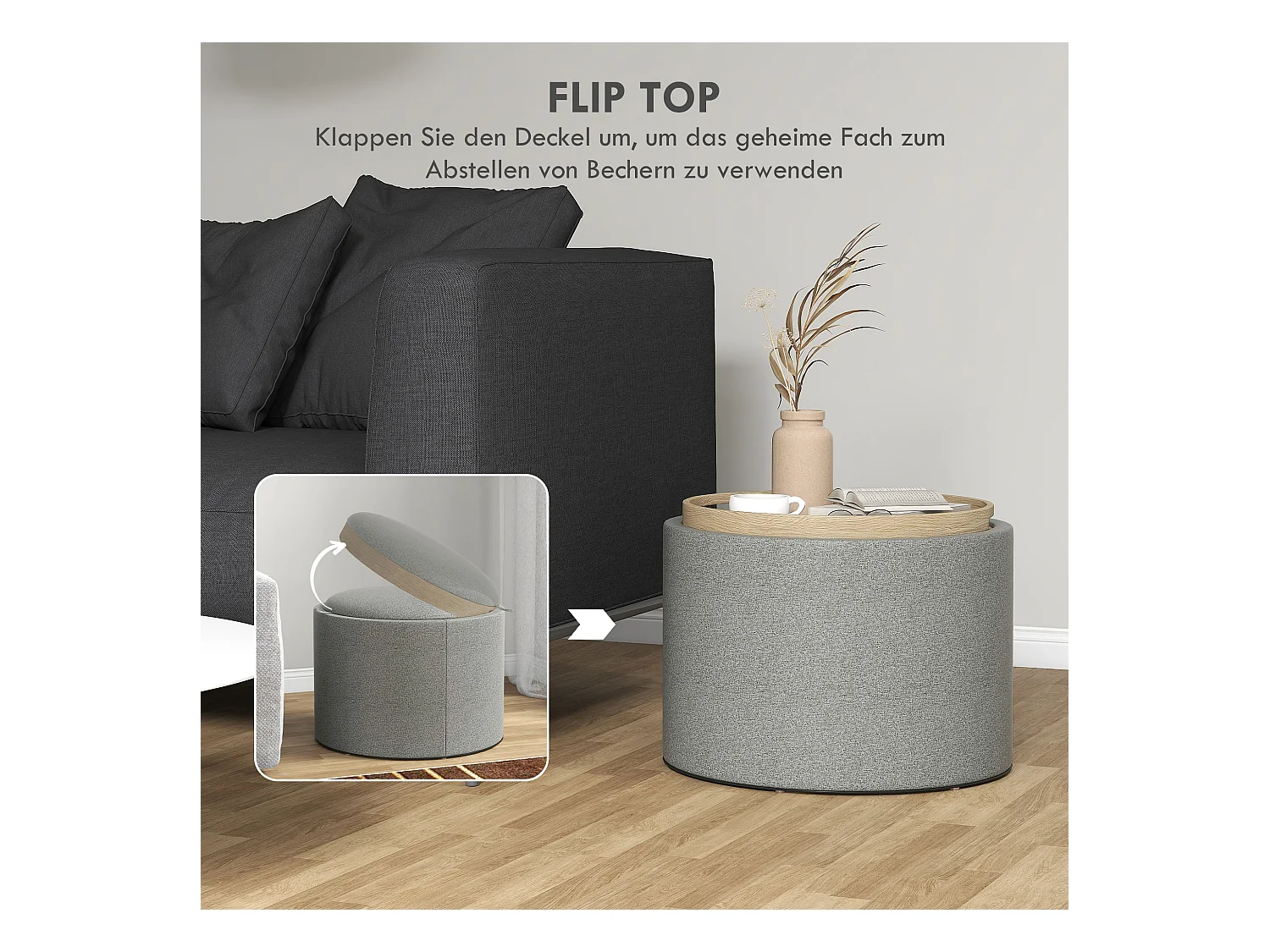 Ottomane ronde avec rangement et couvercle rabattable, tissu lin, gris (56x56x42 cm)