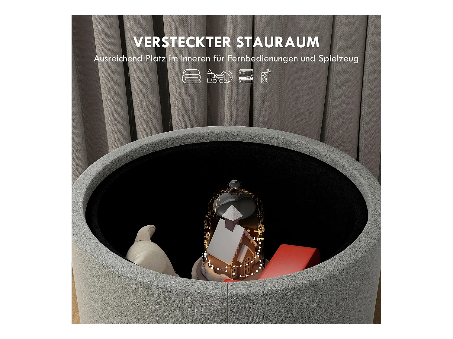 Ottomane ronde avec rangement et couvercle rabattable, tissu lin, gris (56x56x42 cm)