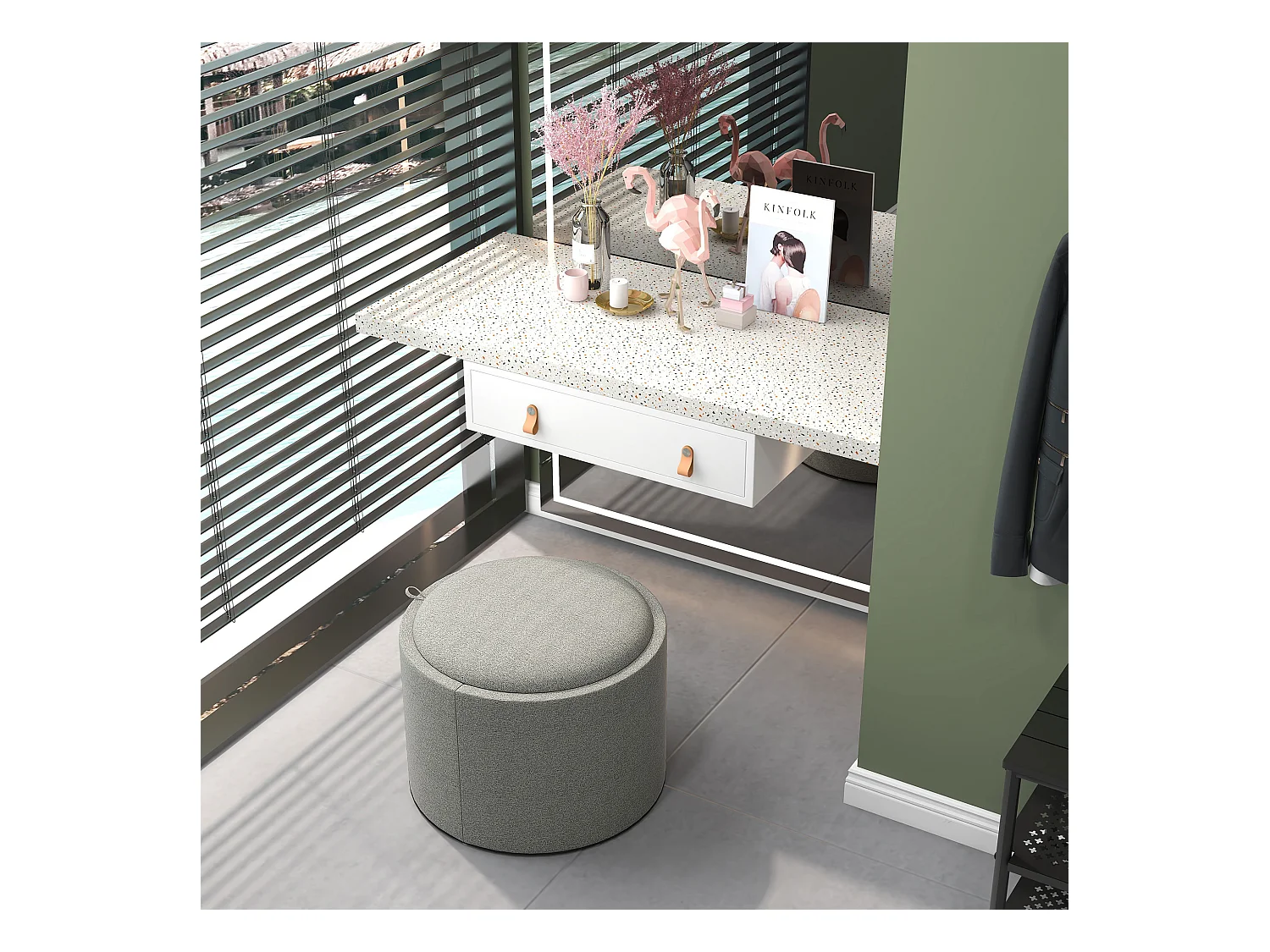 Ottomane ronde avec rangement et couvercle rabattable, tissu lin, gris (56x56x42 cm)