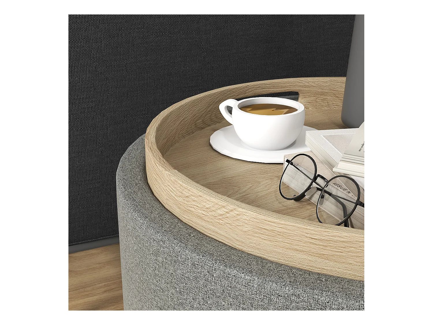 Ottomane ronde avec rangement et couvercle rabattable, tissu lin, gris (56x56x42 cm)