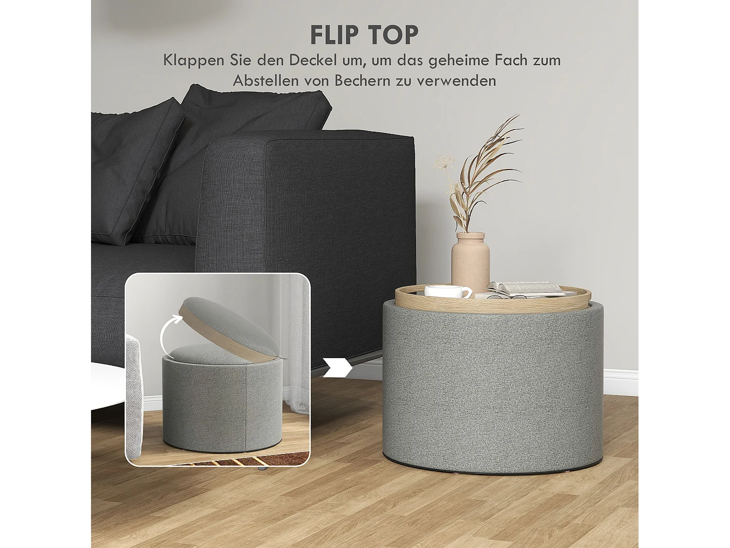 Ottomane ronde avec rangement et couvercle rabattable, tissu lin, gris (56x56x42 cm)