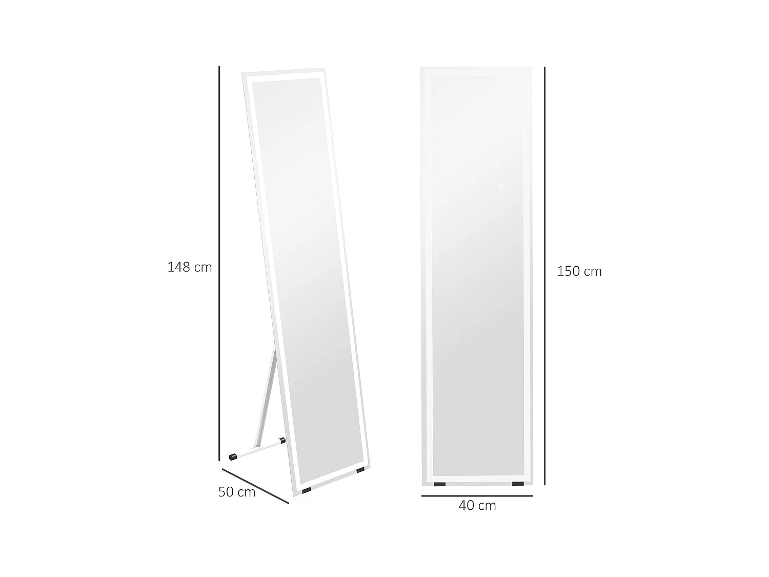 Miroir sur pied et mural avec LED, 3 couleurs lumière, verre, blanc (40x150x2.9cm)