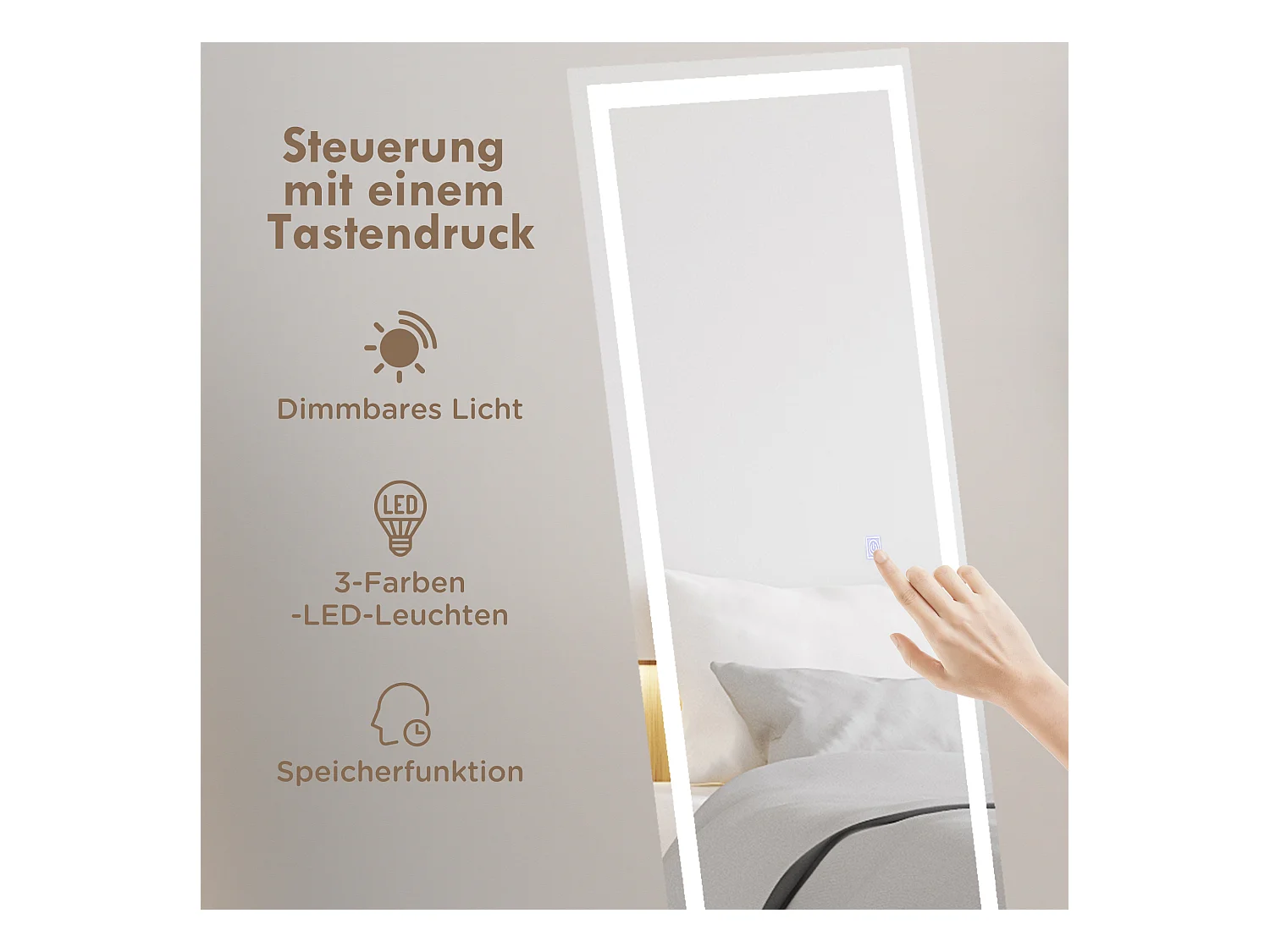 Miroir sur pied et mural avec LED, 3 couleurs lumière, verre, blanc (40x150x2.9cm)