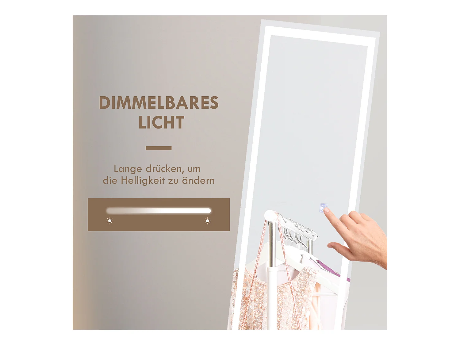 Miroir sur pied et mural avec LED, 3 couleurs lumière, verre, blanc (40x150x2.9cm)