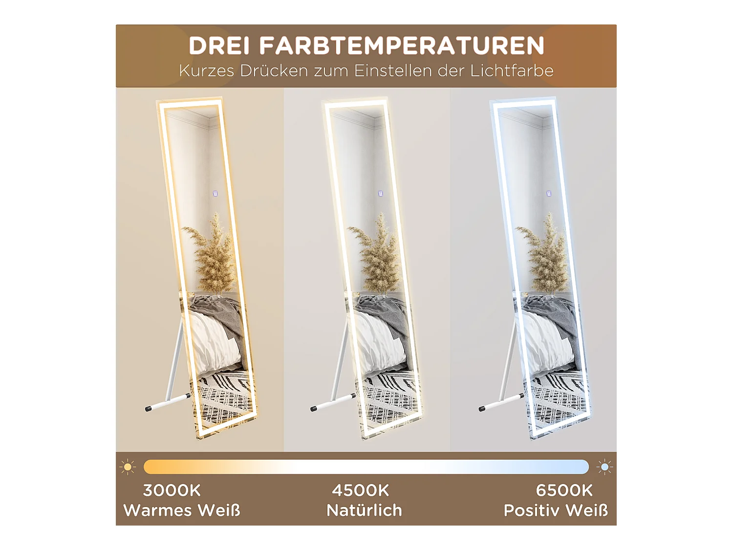 Miroir sur pied et mural avec LED, 3 couleurs lumière, verre, blanc (40x150x2.9cm)