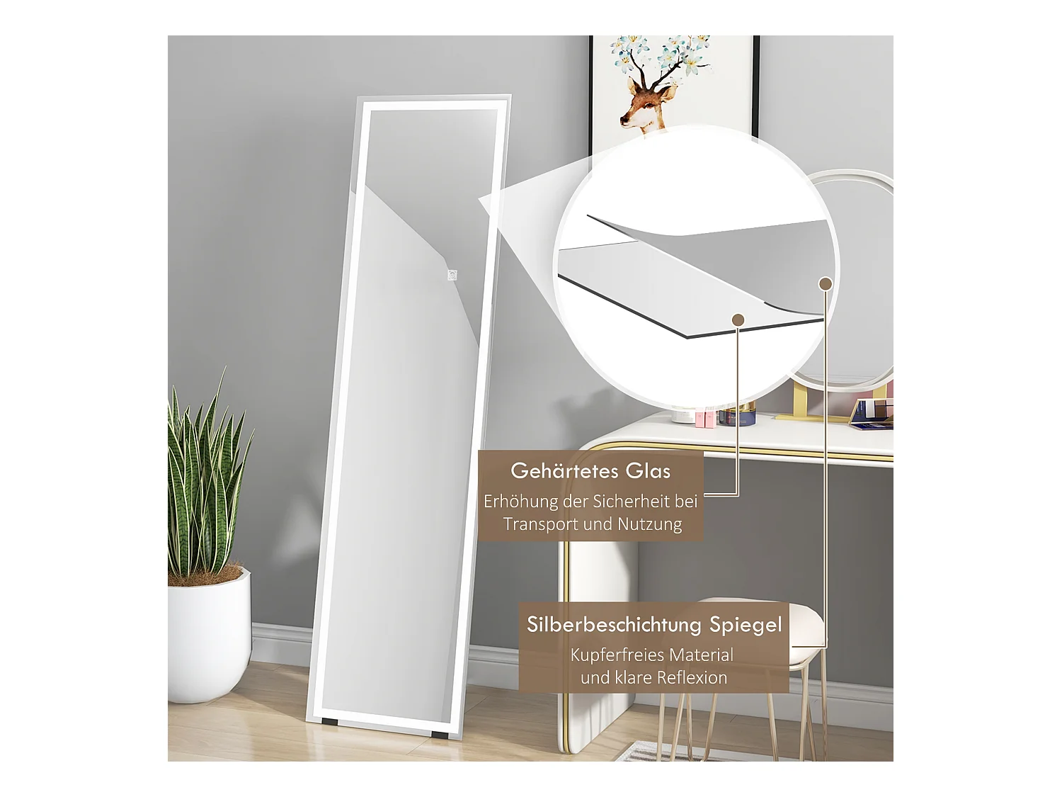 Miroir sur pied et mural avec LED, 3 couleurs lumière, verre, blanc (40x150x2.9cm)