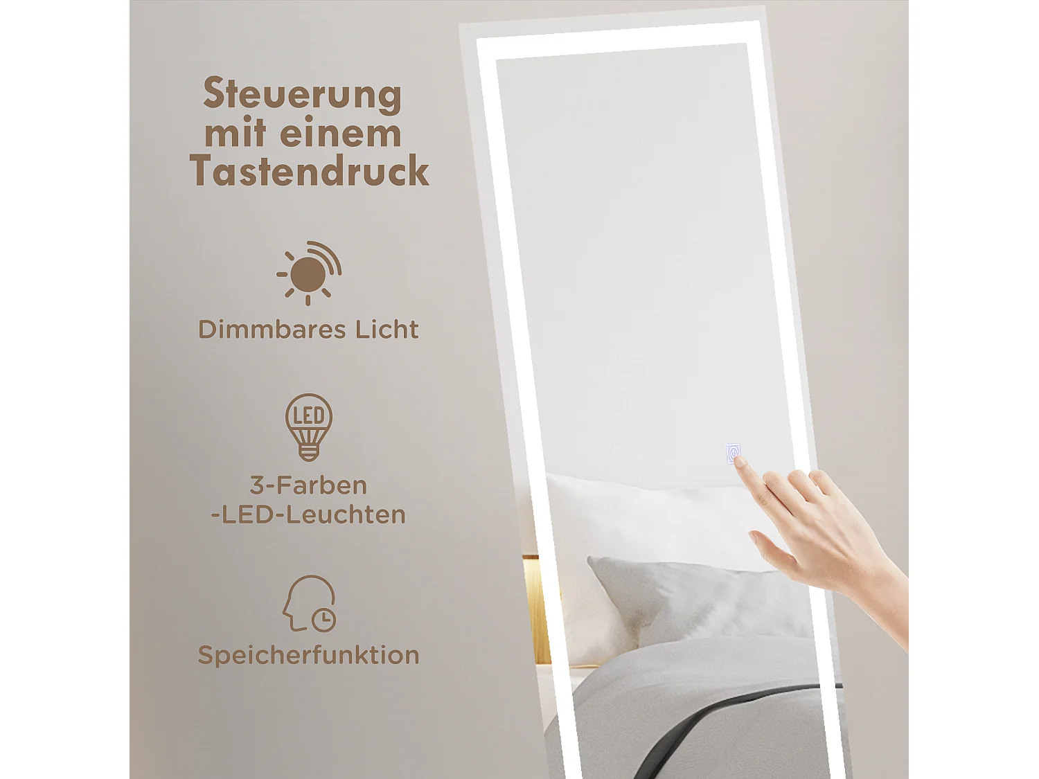 Specchio da terra e da parete con LED, 3 colori di luce, vetro, bianco (40x150x2,9cm)