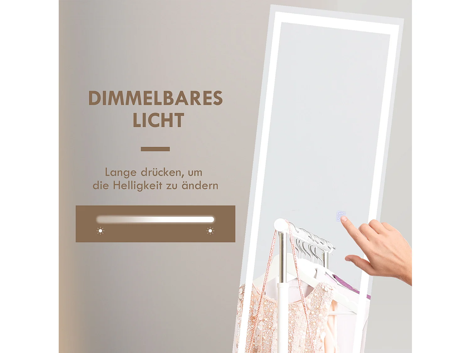 Specchio da terra e da parete con LED, 3 colori di luce, vetro, bianco (40x150x2,9cm)