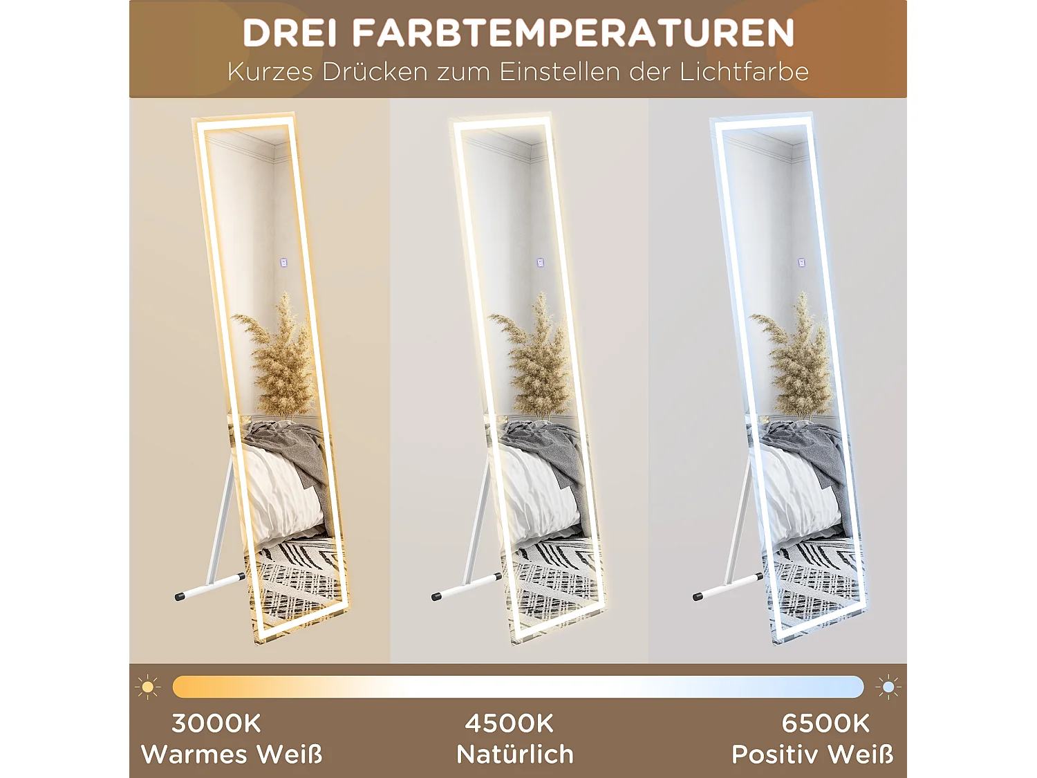 Specchio da terra e da parete con LED, 3 colori di luce, vetro, bianco (40x150x2,9cm)