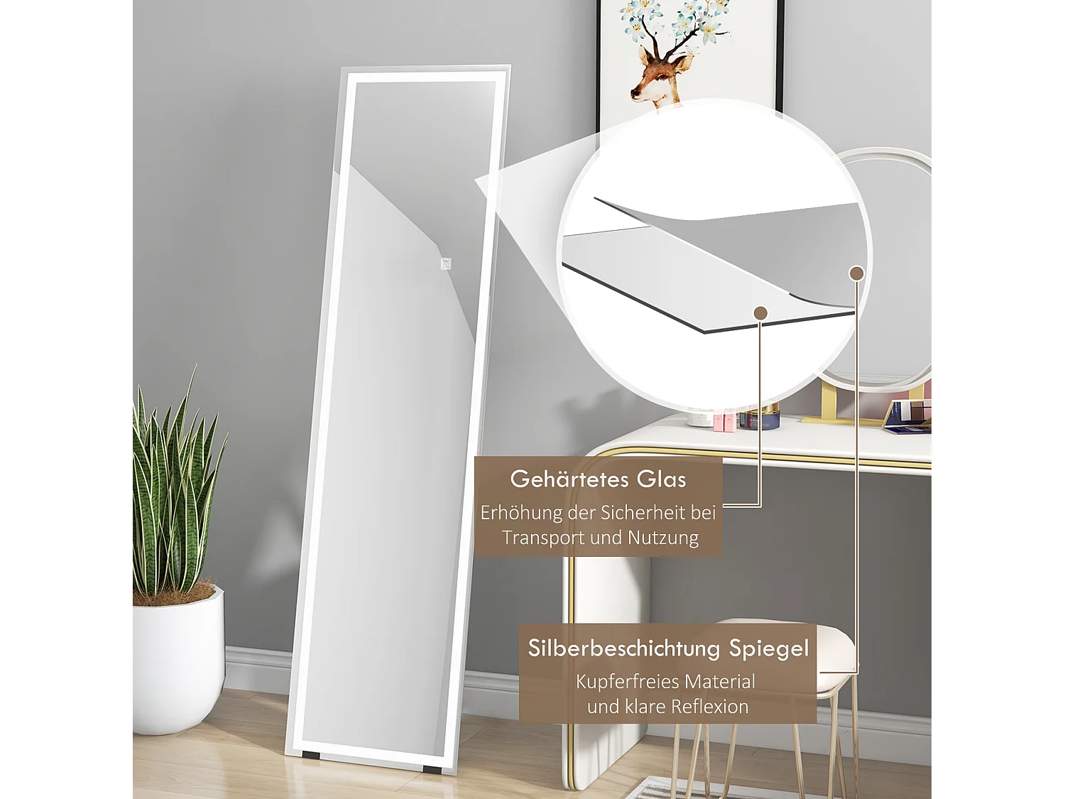 Specchio da terra e da parete con LED, 3 colori di luce, vetro, bianco (40x150x2,9cm)