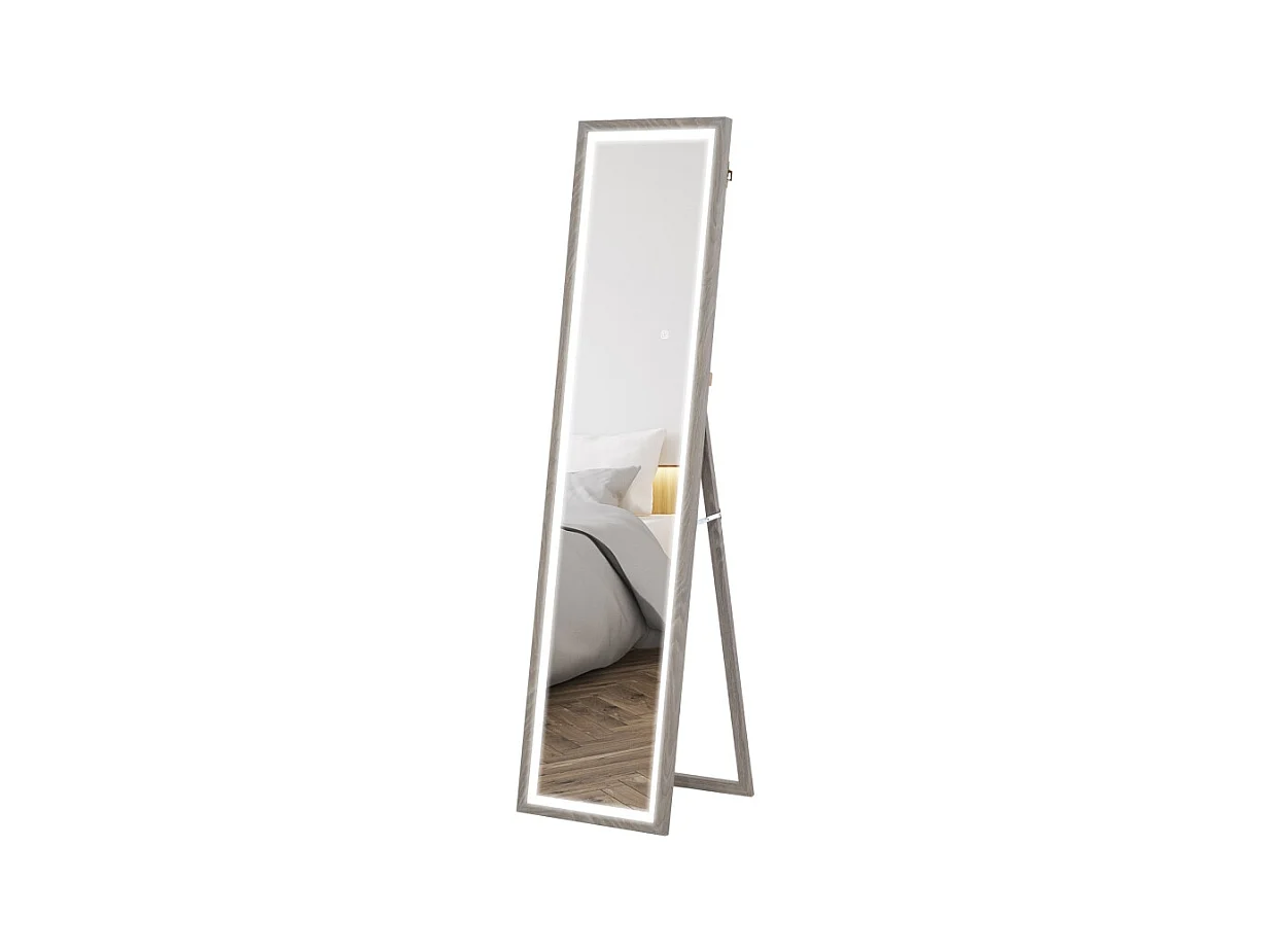 Miroir sur pied LED, 3 modes lumineux, cadre MDF gris, tactile, anti-casse, polyvalent (40x5x160cm)
