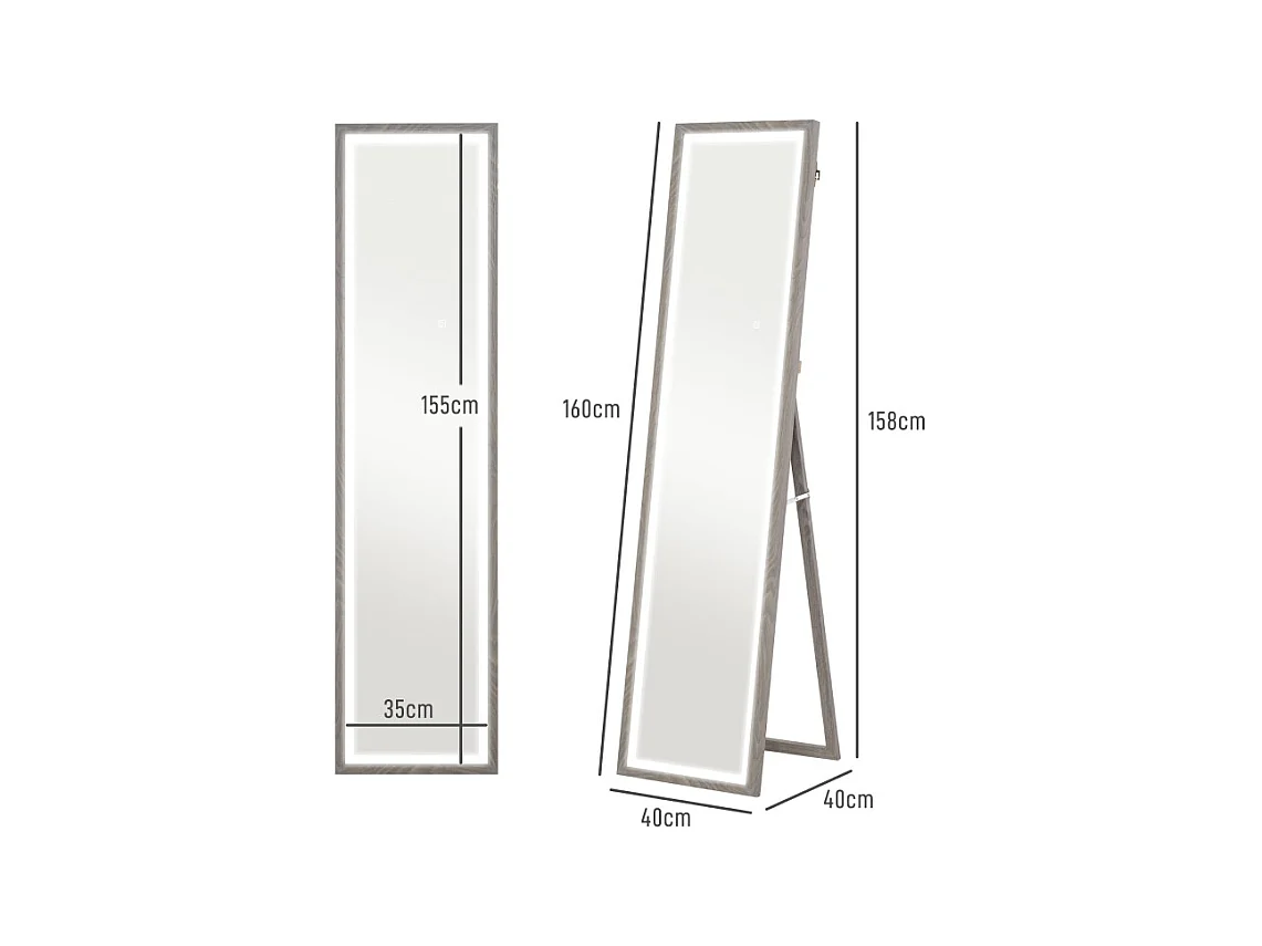 Miroir sur pied LED, 3 modes lumineux, cadre MDF gris, tactile, anti-casse, polyvalent (40x5x160cm)