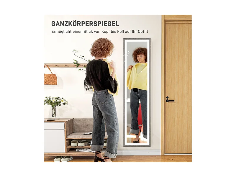 Miroir sur pied LED, 3 modes lumineux, cadre MDF gris, tactile, anti-casse, polyvalent (40x5x160cm)