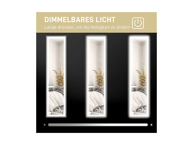 Miroir sur pied LED, 3 modes lumineux, cadre MDF gris, tactile, anti-casse, polyvalent (40x5x160cm)