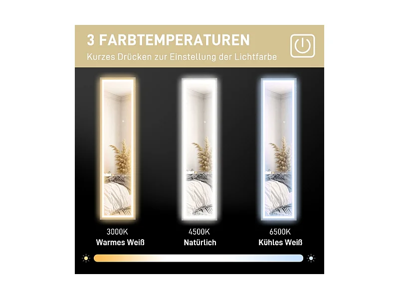 Miroir sur pied LED, 3 modes lumineux, cadre MDF gris, tactile, anti-casse, polyvalent (40x5x160cm)