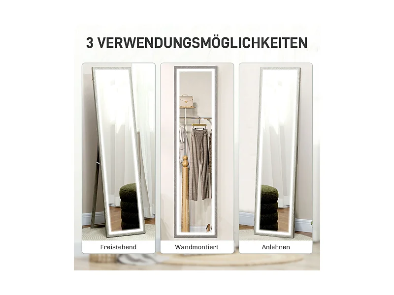 Miroir sur pied LED, 3 modes lumineux, cadre MDF gris, tactile, anti-casse, polyvalent (40x5x160cm)